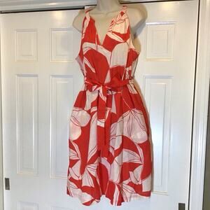 Red White 100% Cotton Tropical Print Midi Dress SzXL Beach Wedding Resort Hawaii